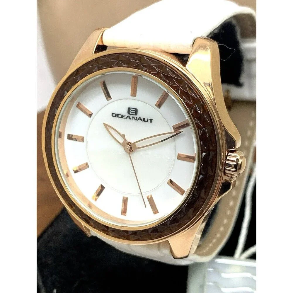 Oceanaut Women's Watch OC1413 Quartz Rose Gold White Dial Leather Band 40mm